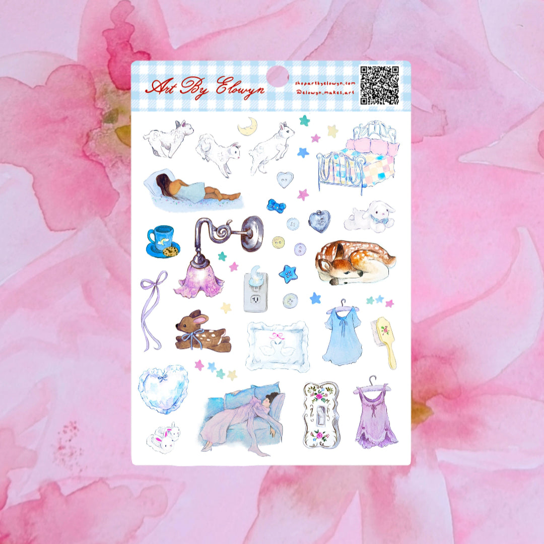 Sheet of stickers with various illustrations on a pink floral background