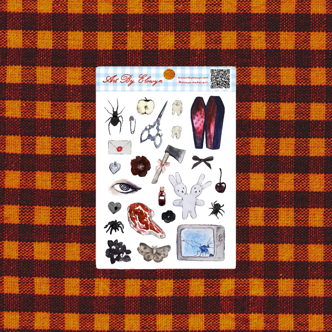 A product photo of Art by Elowyn's 5x7 Scary Sticker Sheet with an orange and black Halloween background.