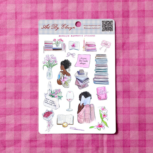 Watercolor sticker sheet with romantic bookish sticker designs