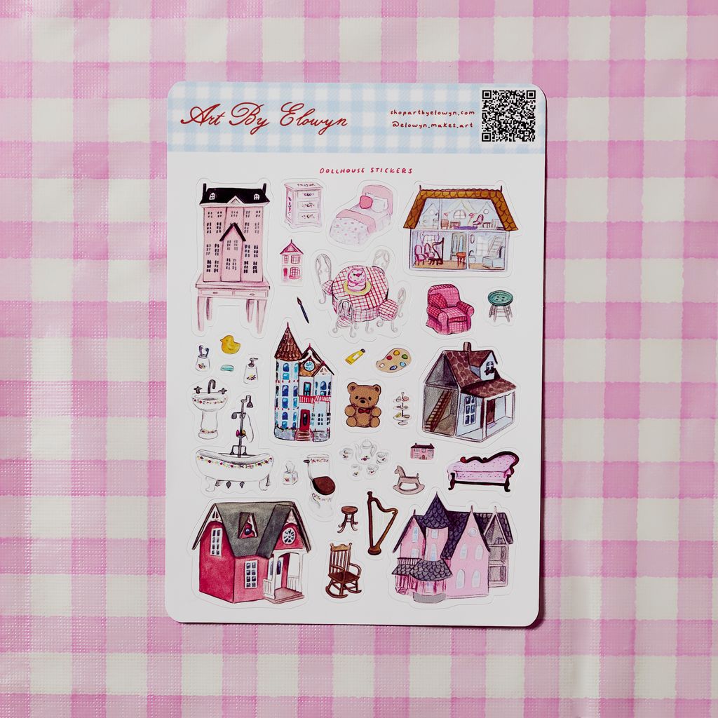 Sticker sheet with various watercolor illustrations on a pink and white checkered background 