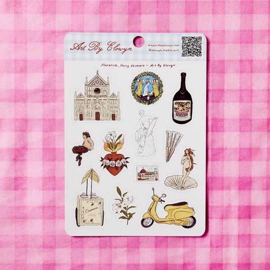 Sheet of stickers with various designs on a pink checkered background
