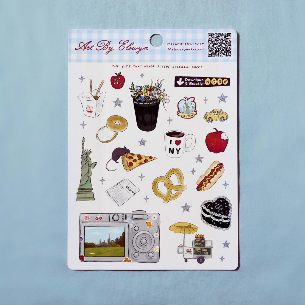 Sheet of illustrated stickers with various graphics on a blue background