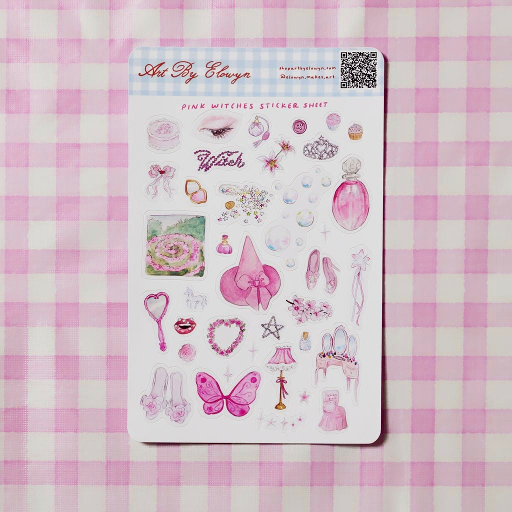Pink witches sticker sheet on a pink and white checkered background