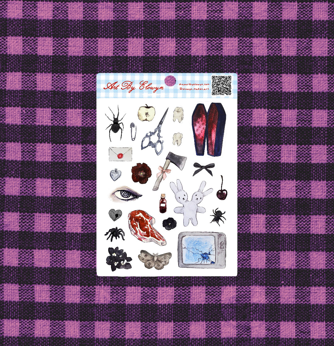 A product photo of Art by Elowyn's 5x7 Scary Sticker Sheet with an orange and black Halloween background.