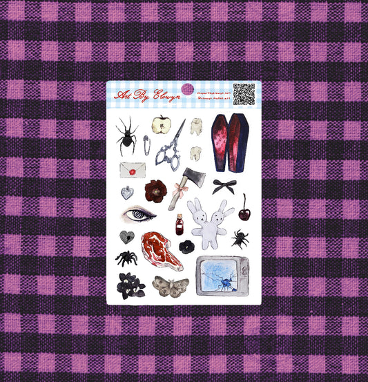 A product photo of Art by Elowyn's 5x7 Scary Sticker Sheet with an orange and black Halloween background.