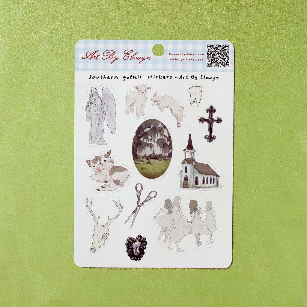 Sheet of Southern Gothic-themed stickers with religious and nature symbols on a green background.