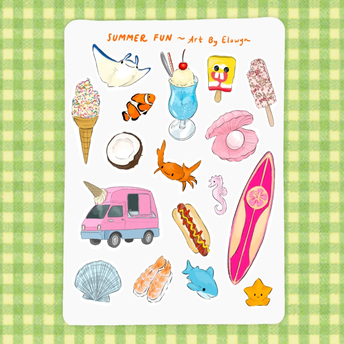 Sheet of summer-themed stickers with ice cream, fish, and beach items on a green checkered background.