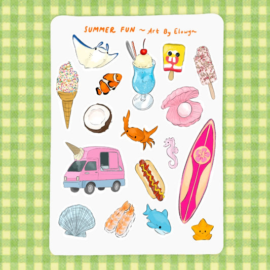 Sheet of summer-themed stickers with ice cream, fish, and beach items on a green checkered background.