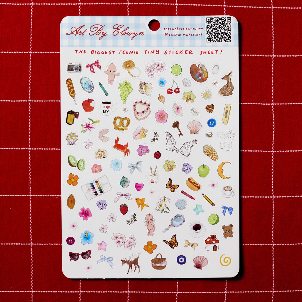 Large 8.5x11 sticker sheet with almost 100 hand-drawn teenie tiny stickers including bows, flowers, fruits, butterflies, and animals on a red checkered background