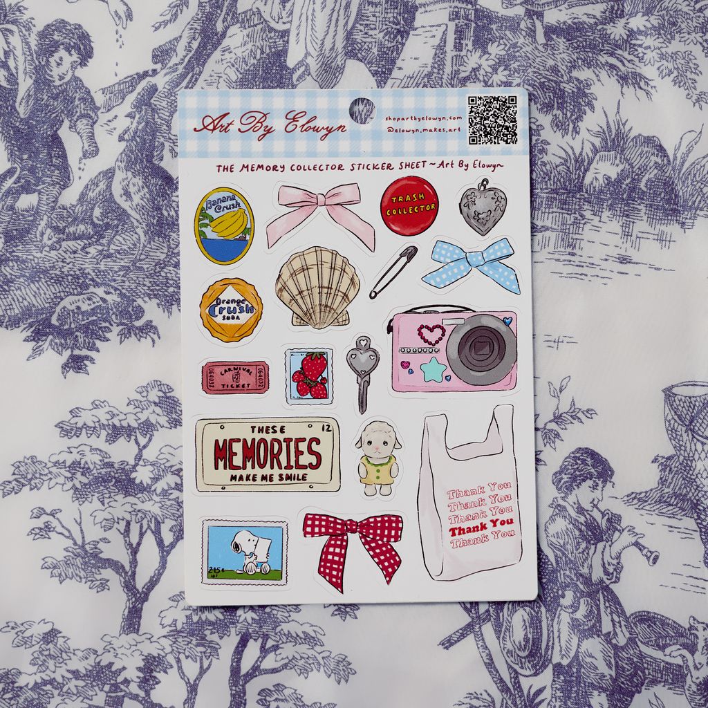 Sheet of stickers with various designs on a decorative background art by elowyn