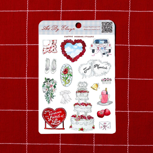 Watercolor wedding sticker sheet with vintage romance designs inspired by a Las Vegas elopement, on a red background